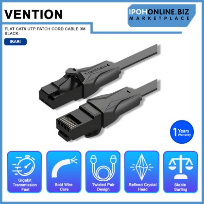 VENTION FLAT CAT6 UTP PATCH CORD CABLE 3M BLACK